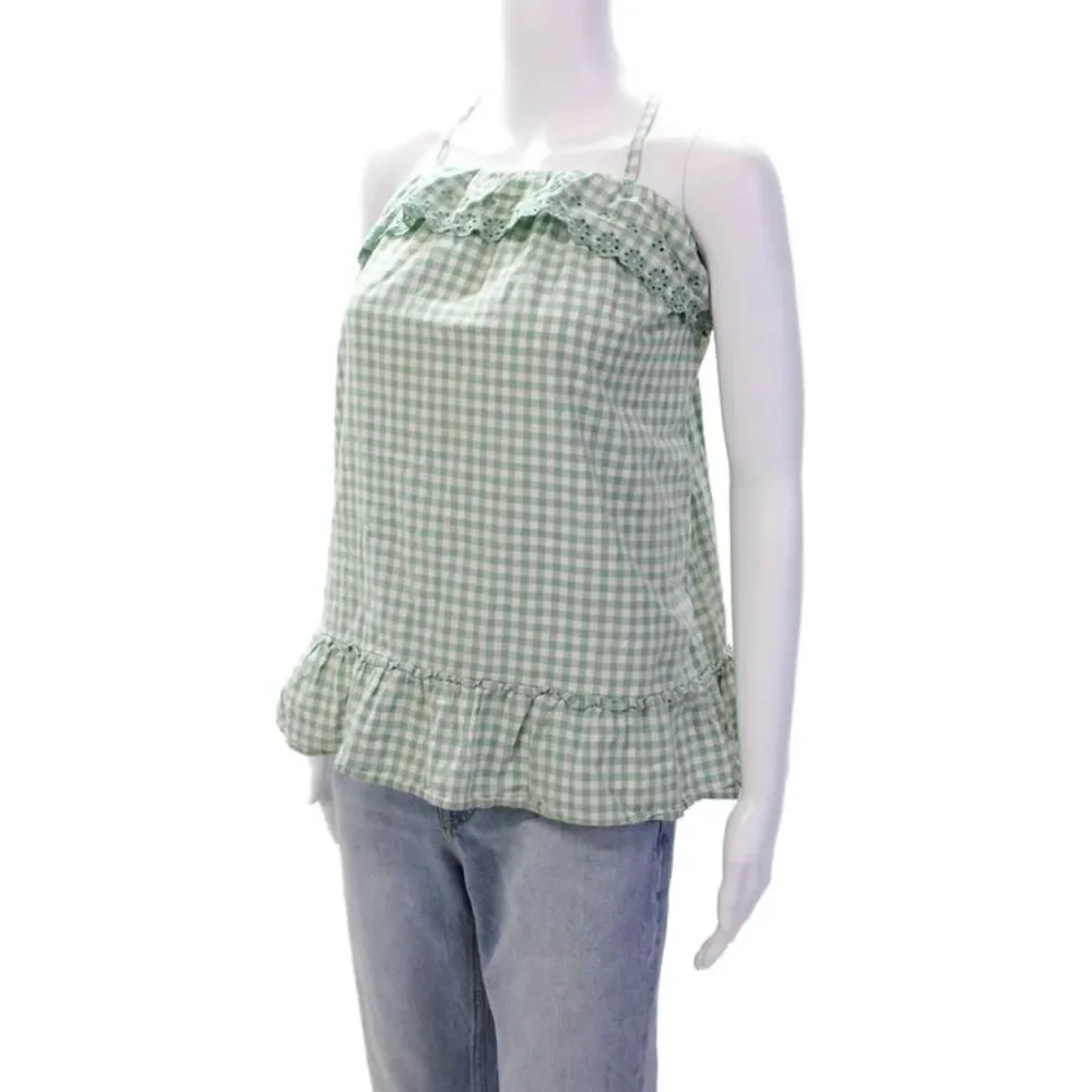 Polo Ralph Lauren Girls Checkered Eyelet Detail Sleeveless Dress Green Size 6